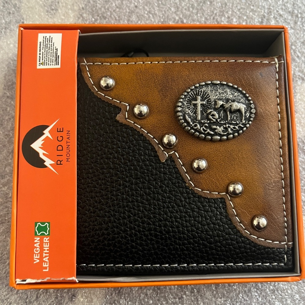 New Ridge Mountain Vegan Leather Black /Brown Bi-fold Cross and Horse Wallet New